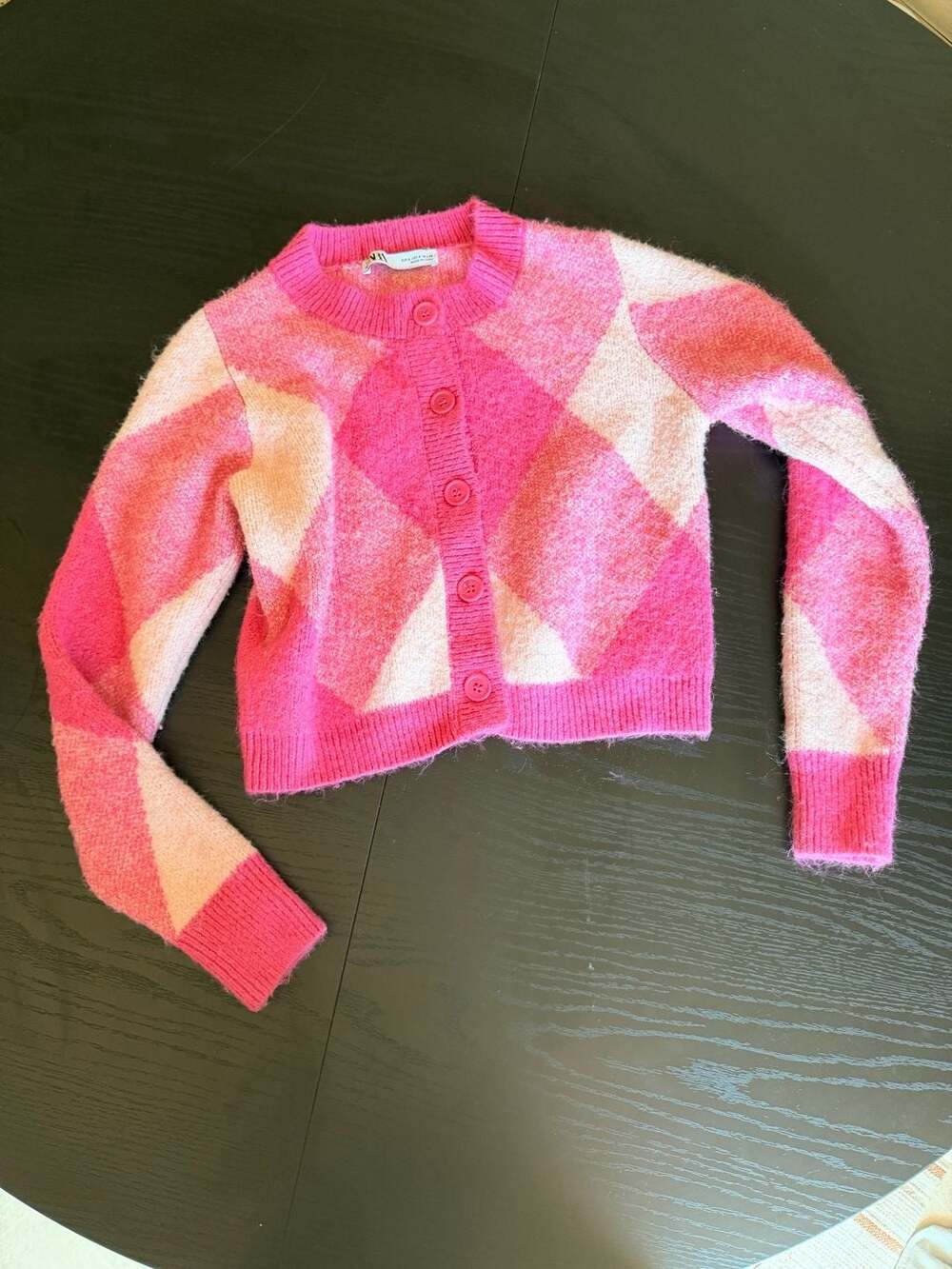 Zara Pink Argyle Knit Cropped Cardigan